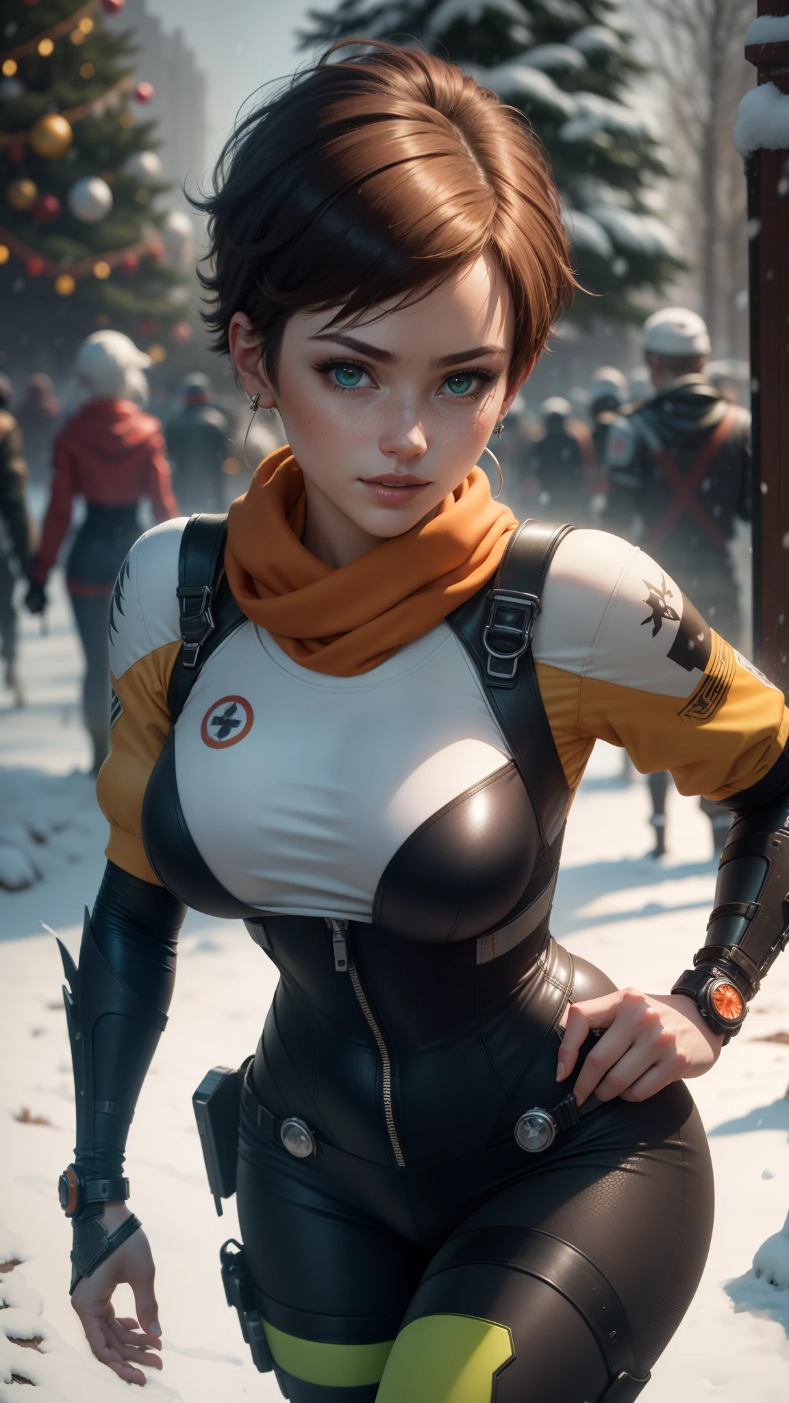 gwen tennyson,tracer,lara croft,rebecca chambers,overwatch,atelier ryza,close up,christmas forest,tattoos,orange plugsuit,short sleeve pilot leotard,short sleeve cyborg pilot jacket,orange sport leggings,mech pilot leather corset,short hair,punk makeup,green eyes,multicolored white hair,sexy smile,freckles,beautiful girl,large breasts,8k,ultra detailed,realistic,fantasy art,steel armor,cyborg armor,silver armor,eva pilot uniform,pilot scarf,pilot hair pin,ear piercings,christmas tree, military hand and neck jewelry,walking,(weather:snowing),close up,