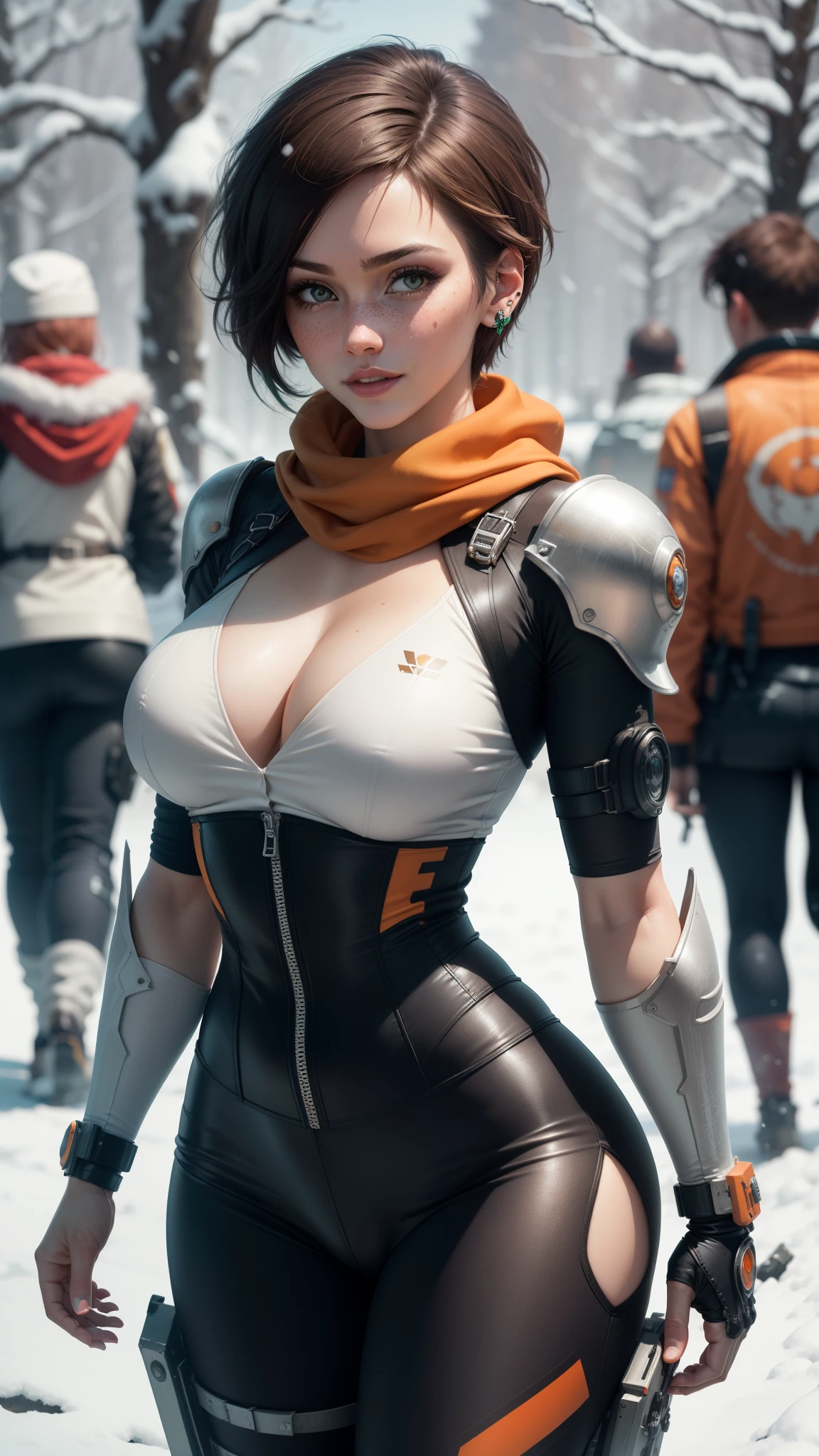 gwen tennyson,tracer,lara croft,rebecca chambers,overwatch,atelier ryza,close up,christmas forest,tattoos,orange plugsuit,short sleeve pilot leotard,short sleeve cyborg pilot jacket,orange sport leggings,mech pilot leather corset,short hair,punk makeup,green eyes,multicolored white hair,sexy smile,freckles,beautiful girl,large breasts,8k,ultra detailed,realistic,fantasy art,steel armor,cyborg armor,silver armor,eva pilot uniform,pilot scarf,pilot hair pin,ear piercings,christmas tree, military hand and neck jewelry,walking,(weather:snowing),close up,