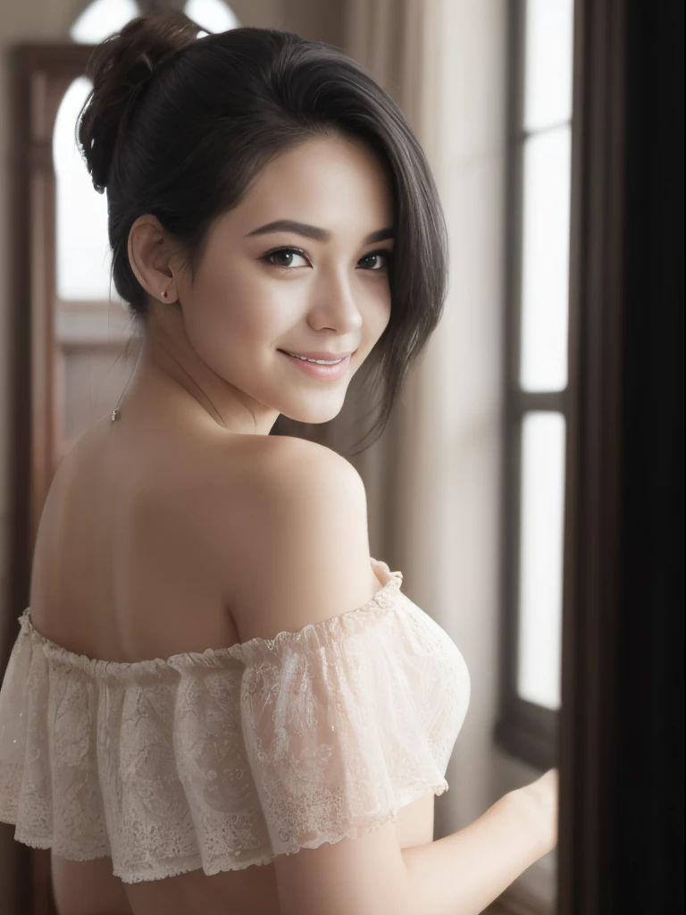 An extremely delicate and beautiful girl，Chinese big-eyed cute girl，beautidful eyes，Gentle eyes，Carefully portray the face，Chubby little round face，facing to audience，ssmile，Redlip，Dimples at the corners of the mouth，Blushing face，Cute bra with lace edge（2），Delicate collarbones，Pure desire，Girly，perfect bodies，with short black hair，Cute little curly hair，rays of sunshine，Beautiful atmosphere light，Light and shadow atmosphere，the detail，high qulity，The illustrations are super detailed，Very delicate light，8k wallpaper，best qualtiy，Midday sun，beautifuldetails，closeup cleavage，A masterpiece --auto