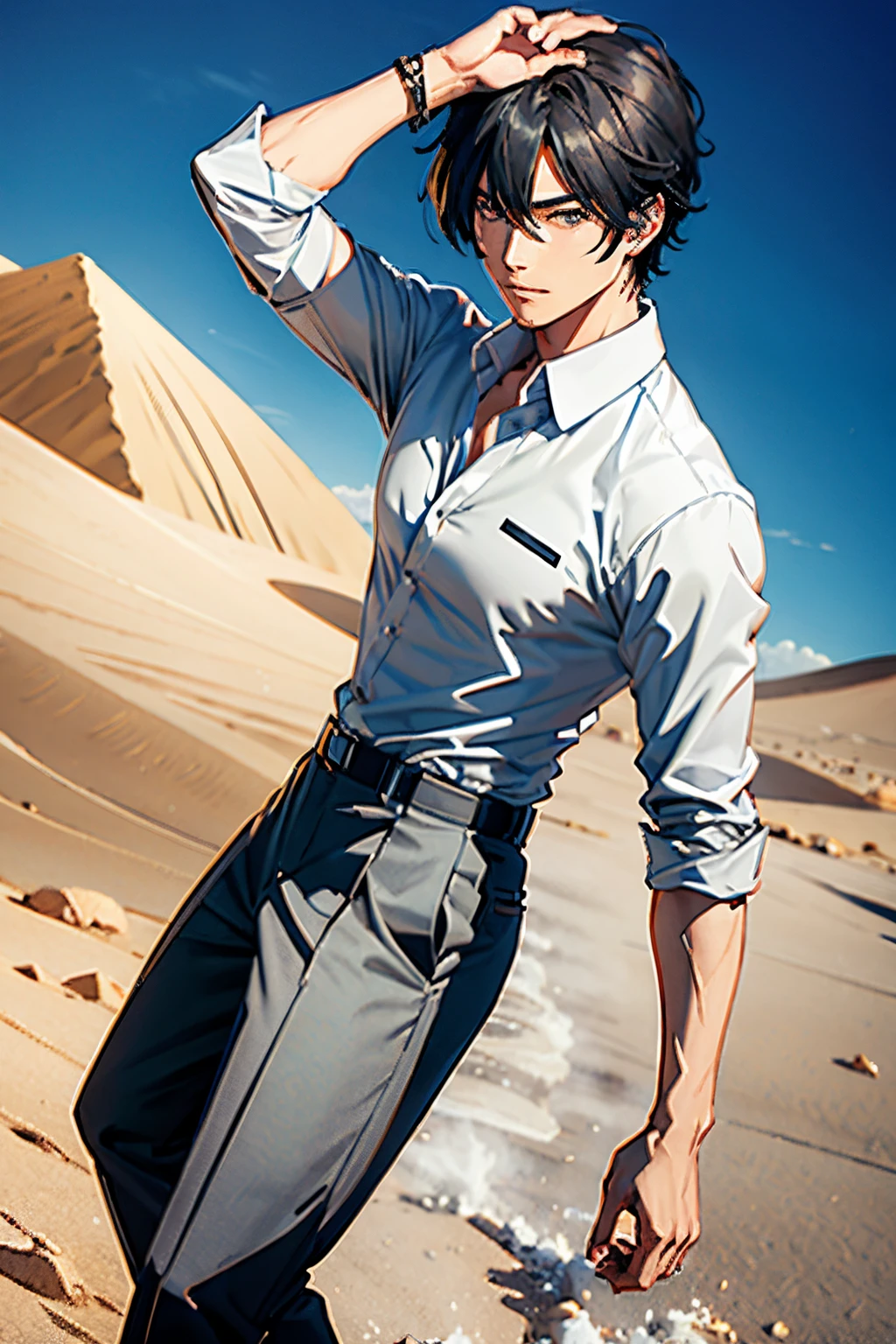 anime man, stylish gray formal shirt, modern fabric panama, desert, sandstorm, detailed picture