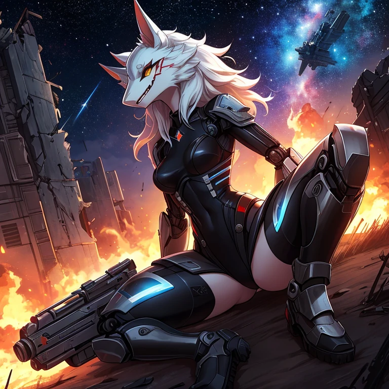 solo female, furry, metallic, robotic, shiny, anthro, sergal , black, white, young, short height, small breasts, thin body, legs spread, warrior , holding blaster gun burning open field, crashed ship, fighting, destroyed buildings, war, lude, stars, science fiction, galaxies, dusk, sexy, masterpiece, high quality,