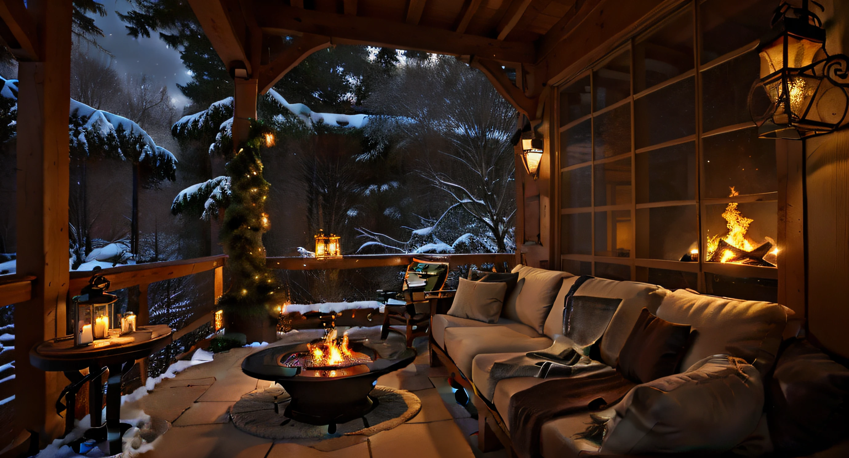 screened porch with fire pit and sofa on a snowy night, lugar aconchegante, fundo aconchegante da casa, atmosfera aconchegante, Cozy setting, ambiente acolhedor e tranquilo, ambiente aconchegante, cena encantada aconchegante, ambiente aconchegante, Papel de parede aconchegante, Atmoshpere aconchegante, Pleasant and welcoming atmosphere, aconchegante e calmo, cena quente e bonita, fora na neve nevando, fundo aconchegante da sala de estar