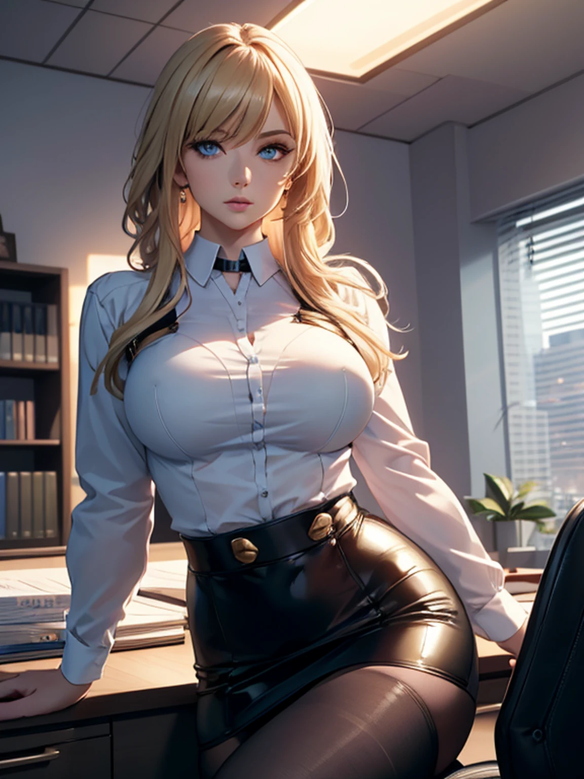 highres, 4k resolution, face enchantment, realistic hair, realistic eyes, best quality. Generate a sophisticated and alluring portrayal of an elegant 38-year-old woman, exuding confidence and professionalism in an office setting. Craft her with wavy, long blonde hair that flows gracefully, and captivating blue eyes that convey both intelligence and charisma. She should be depicted in tasteful white shirt and black tight skirt, embodying a perfect balance between style and formality, and showing her sensual cleavage. Emphasize her curvaceous silhouette, accentuating her natural elegance. Position her in a scene where she is elegantly seated on a desk, symbolizing a blend of authority and grace. Pay attention to detail, including the subtle nuances of her posture and expression, to convey a sense of confidence and sophistication. While highlighting her curvaceous figure, maintain a level of tastefulness and professionalism in the depiction. The goal is to create an image that captures the essence of a confident, accomplished professional woman in a poised and empowering office moment.