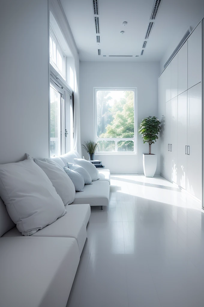 (Best quality, A high resolution, ultra - detailed:1.2), (((All white minimalist interior style，Integrated streamlined bionic shape)))，Light blue and white study bedroom, comfortable atmosphere, natural  lightting, Floor to ceiling bookshelves, Comfortable reading sofa and blue tree window view, minimalist, Peaceful atmosphere