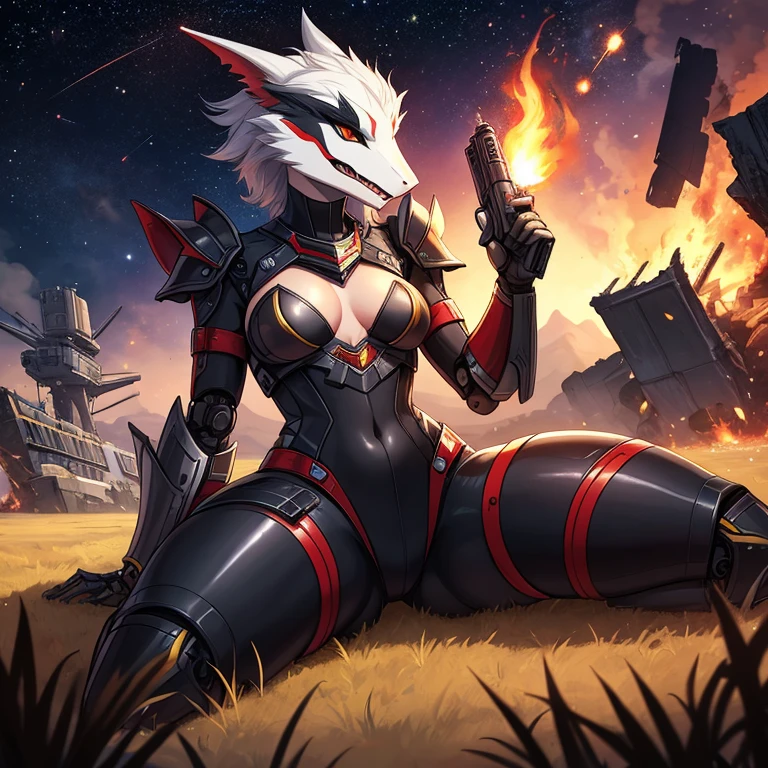 solo female, furry, metallic, robotic, shiny, anthro, sergal , black, white, young, short height, small breasts, thin body, legs spread, warrior , holding blaster gun burning open field, crashed ship, fighting, destroyed buildings, war, lude, stars, science fiction, galaxies, dusk, sexy, masterpiece, high quality,