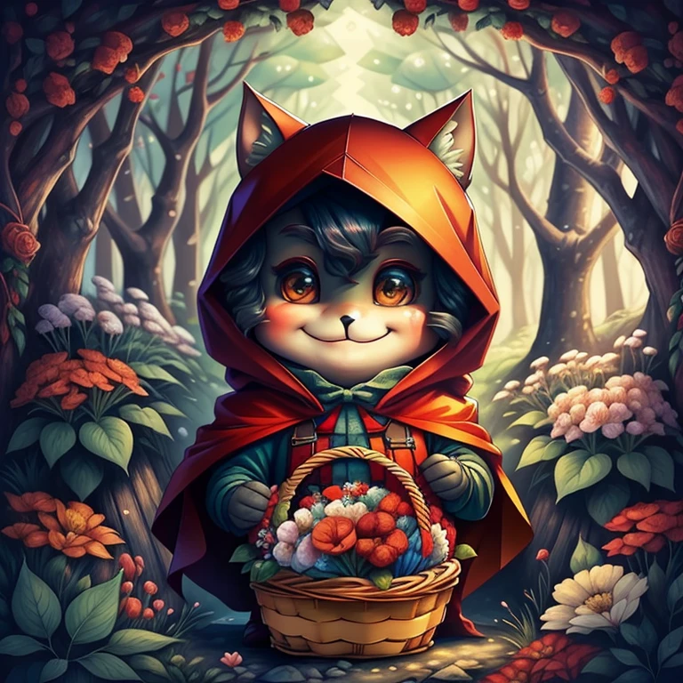 (cute red hood smiling with a basket of flowers in the forest)) Munchkin, Geometric multidimensional wall portrait, livro de arte, Tchibi,
Yang08k, Beautiful, Colouring,
Obras, of the highest quality, best quality, Arte Oficial, Beautiful and Aesthetic,
