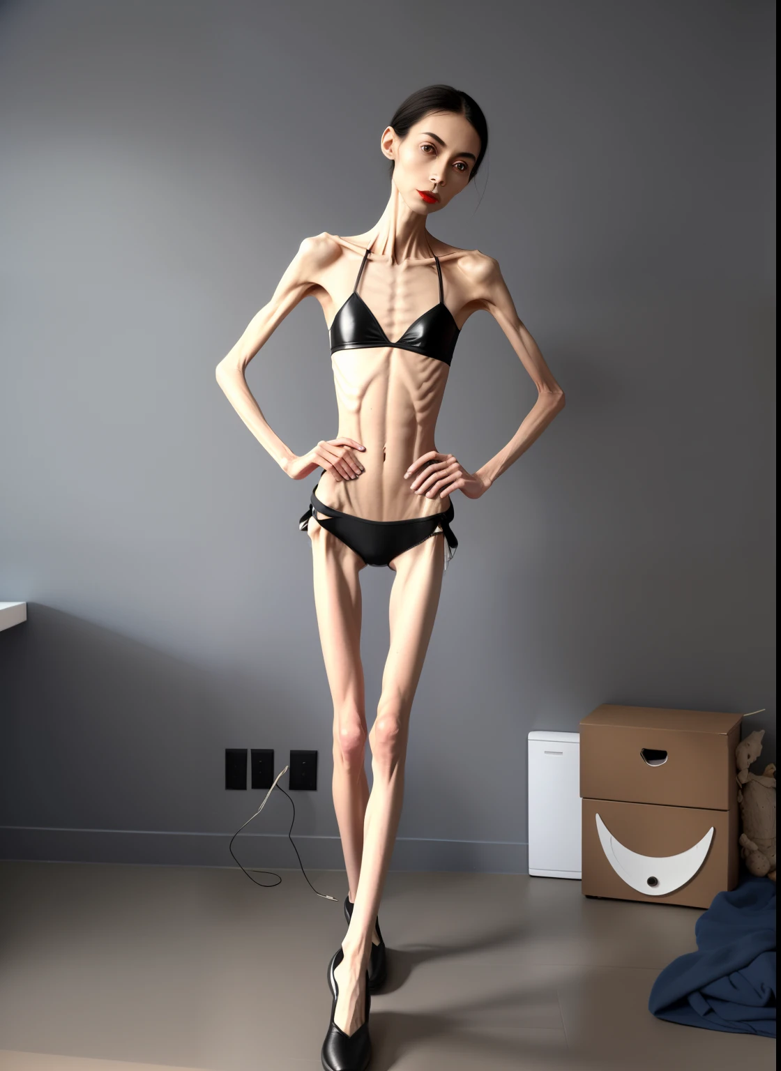 very thin woman，The body  very thin，Protruding sternum，The sternum  distinct，The waist  very thin，The ribs are noticeable，Protruding ribs，The pelvic protrusion  very obvious，Clear outline of pelvis，The crotch protrudes，thin shoulde，The waist  very thin，Sunken abdomen，Abdominal muscle atrophy，Delicate arms，arm muscle atrophy，slender thigh，Knees are obviously protruding，Ankle bulges，The ankle bones are obvious，The leg bones are obvious，leg muscle atrophy，anorexia，Wear tight leather pants，Wear slippers，Significant atrophy of dorsalis pedis muscles，african man，Haggard expression，Excessive weight loss，Sunken face，Apply lipstick，Severe malnutrition，Body as thin as a skeleton