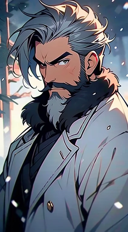 male people, Muscle tissue, 1 boy,Single muscle, There  a gem on the chest, Bigchest,  Muscular, Mature men,45-year-old male,,1人,perfect body figure,The facial details are extremely delicate and beautiful, 美丽meticuloso的眼睛,Long gray hair,((((short white beard, silver short beard)))), Green-eyed, gray hair face, silber hair, Nice hairstyle,(Perfect hands, five fingers), proporções perfeitas, thicc, ((Detailed faces)), 

ssmile,Expressive eyes,   

(ultra - detailed:1.3), Beautiful and detailed light,  meticuloso, ultra - detailed, 

 Vikings, Savage,

(Black Hanfu),(((pelt coats,:1.3,wintercoat))),(detailed outfits,Meticulous clothes),

(dynamicposes:1.0),Just focus,embarressed,Located in the center,Scale to fit the dimensions,the rule of thirds,

natta,Resort background,Winters,snowstorm in background,(Pine forest),detailedbackground:1.25,snow cover,Muitaneve, Yuki,Snow forest background,(((Glowing snowflakes,Sparkling details))),Christmas tree,

(Best quality),(A high resolution),(Focus sharp),(ultra - detailed),(Very detailed extremely high quality artwork),8K_Wallpaper extremely detailed CG 8k),(Very beautiful 8K CG),((Super detailed and perfect work)),Perfect masterpiece))),lamplight,vivd colour,(iintricate),hight contrast,Selective lighting,double contact,HighDynamicRange (HighDynamicRange),Post-processing,The background  blurred,