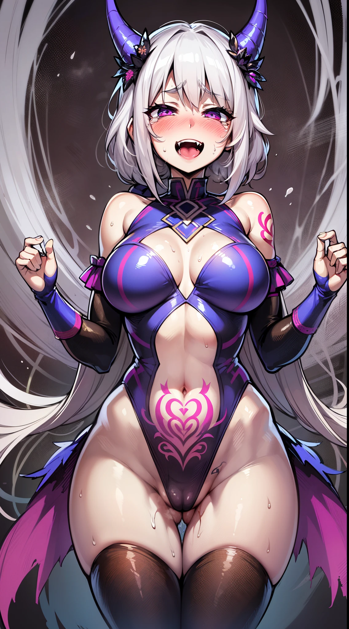 (HD, sharp, fractals), 1人の女性, Super glossy skin, Pure white skin, Dancer of Evil, (crotch tattoo:1.1), Design tights, Evil smile, ahegao, blush, sweat, open mouth, rolling eyes, tears, tongue out, nsfw, open the thighs, female excessive ejaculation,