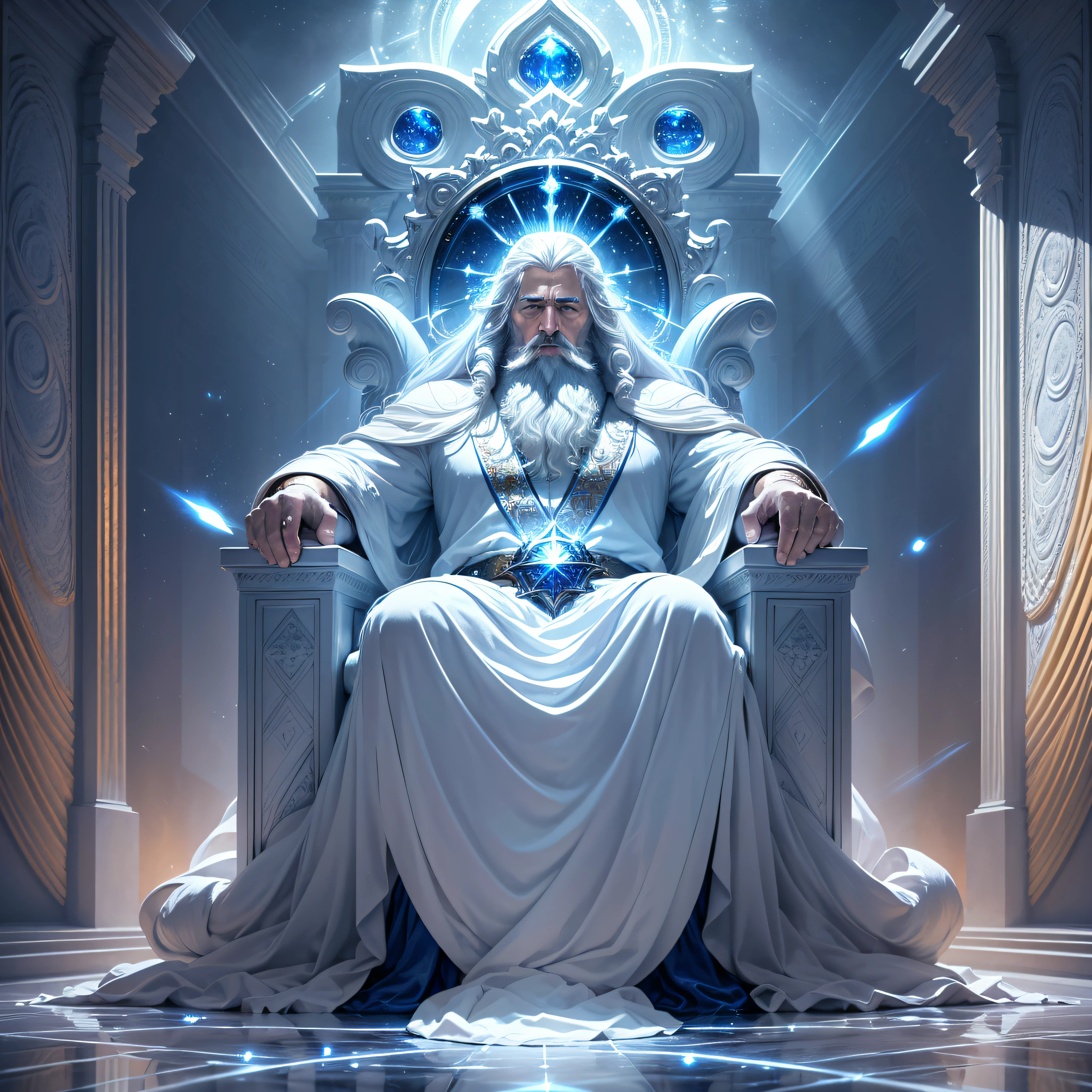 (masterpiece, best quality, ultra-realistic), God's throne room, high resolution, divine man, majestic, strong, imposing, white hair and beard, white clothes warmth, dazzling light, serene aura, magnificent aura, god (embodiment of power:1.2), glorious, surreal, powerful blue throne made of sapphire stone, (emitting light:1.3), (gleaming:1.2)