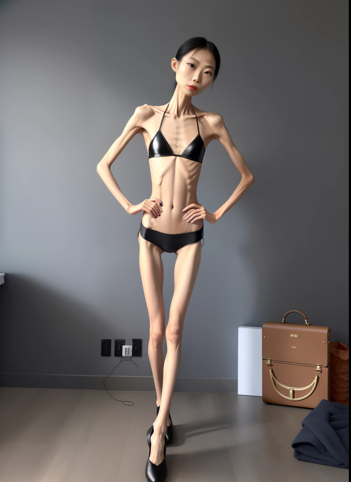 very thin woman，The body  very thin，female sternum，Protruding sternum，The sternum  distinct，The waist  very thin，The ribs are noticeable，Protruding ribs，The pelvic protrusion  very obvious，Clear outline of pelvis，The crotch protrudes，thin shoulde，The waist  very thin，Sunken abdomen，Abdominal muscle atrophy，Delicate arms，arm muscle atrophy，Slender thighs，Knees are obviously protruding，Ankle bulges，The ankle bones are obvious，The leg bones are obvious，leg muscle atrophy，anorexia，Wear tight leather pants，Wear slippers，Significant atrophy of dorsalis pedis muscles，Asian face，Haggard expression，Excessive weight loss，sunken face，Apply lipstick，Severe malnutrition，Body as thin as a skeleton