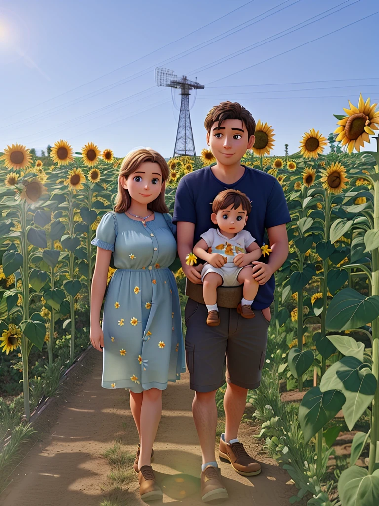 there a man and woman holding a baby in a sunflower field, sunflowers in the background, in spain, vacation photo, scene: sunflower field, scene : sunflower field, standing in a flower field, sunflower field, family photo, on a sunny day, happy family, standing in flower field, on a farm, having a great time, family portrait, transparent background