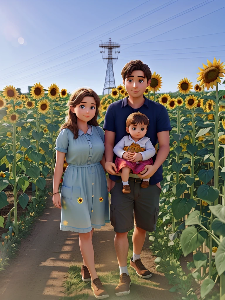 there  a man and woman holding a  in a sunflower field, sunflowers in the background, in spain, vacation photo, scene: sunflower field, scene : sunflower field, standing in a flower field, sunflower field, family photo, on a sunny day, happy family, standing in flower field, on a farm, having a great time, family portrait, transparent background