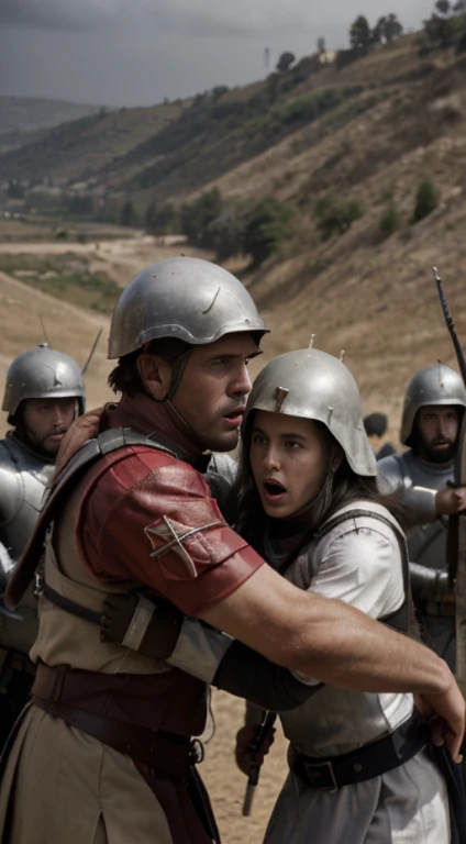 historical scene where the army of Guy of Lusignan, King of Jerusalem, fought against Selahattin Eyübi in the Battle of Hattin. Hattin Hill and Lake Tiberias in the background. Guy of Lusignan in the foreground and expressions of fear, panic and despair among the soldiers and leaders of the Crusaders. Brown, red and white colors are dominant in the image. The visual is epic, drawn in an epic and cinematic style.