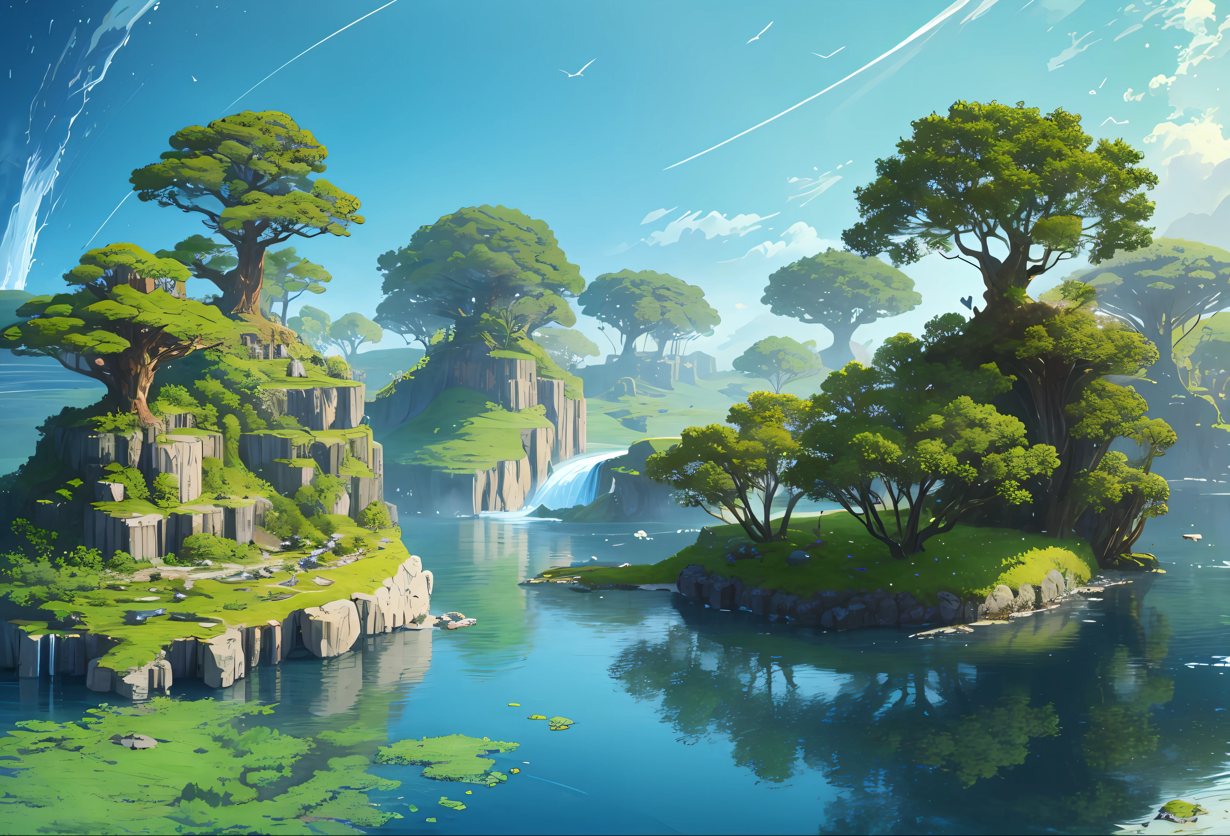 Impressive island with exotic plants, predadores de plantas verdes, round trees, Cachoeira fluindo, fantasia, kinematic lighting, alta qualidade, ultra detalhe, 16k.
