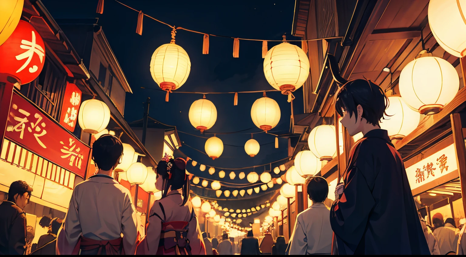 A japanese festival during the night in the street. The place is full of people wearing traditional clothes, and full of stalls. The are japanese lanterns everywhere and most of the people wear masks resembling onis and ogres. Anime Style. Colorful.