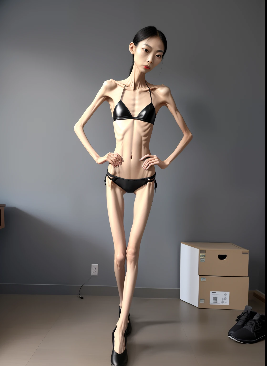 extremely thin woman，The body  very thin，Rib chest，Protruding sternum，The sternum  distinct，The waist  very thin，The ribs are noticeable，Protruding ribs，The pelvic protrusion  very obvious，Clear outline of pelvis，The crotch protrudes，thin shoulde，The waist  very thin，Sunken abdomen，Abdominal muscle atrophy，Delicate arms，arm muscle atrophy，Slender thighs，Knees are obviously protruding，Ankle bulges，The ankle bones are obvious，The leg bones are obvious，leg muscle atrophy，anorexia，Wear tight leather pants，Wear slippers，Significant atrophy of dorsalis pedis muscles，Asia face，Haggard expression，Excessive weight loss，sunken face，Apply lipstick，Severe malnutrition，Body as thin as a skeleton