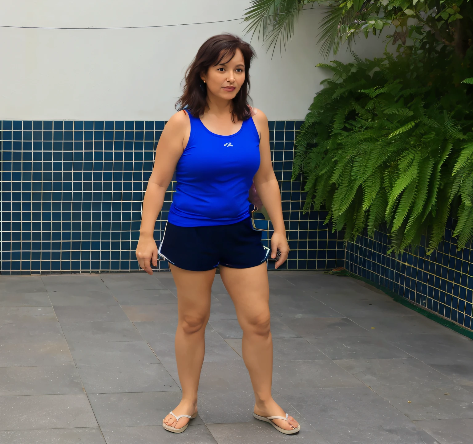 there&#39;s a woman standing on the tile floor with a frisbee, agachado ao lado de uma piscina, ela tem cerca de 40 anos, vestindo regata e bermuda, ela tem cerca de 40 anos, vestindo camisola e shorts, ela tem cerca de 40 anos, vestido com um top e shorts