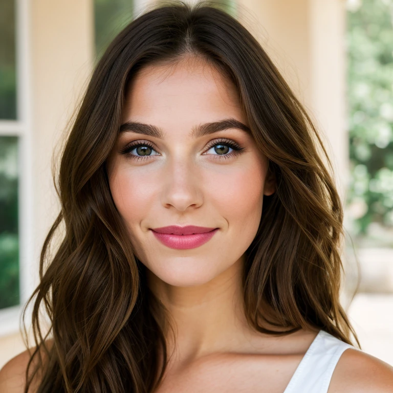belle femme, dark makeup, brune, grande photography sourire hyperdetaillée, Soft Light, Complete portrait of the head and shoulders, couvrir, grand yeux verts, beau visage, visage fin, nez fin, pouty lips