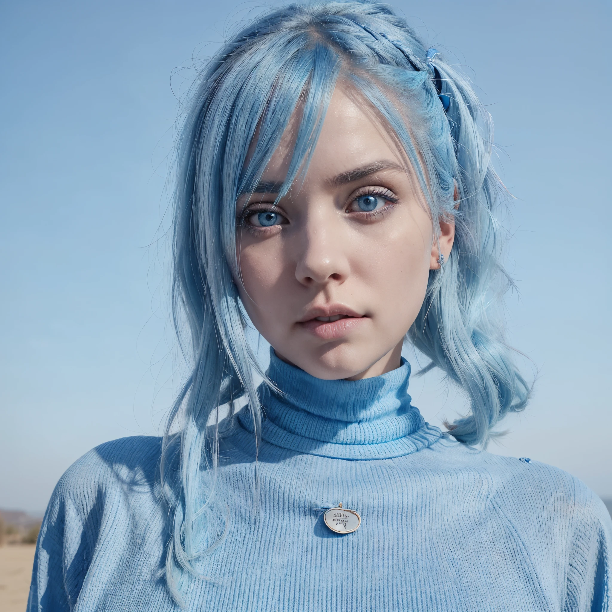 a woman with blue hair and blue eyes wearing a black turtle neck top, sky blue straight hair, straight sky blue hair, pastel blue eyes, blue and grey tones, light blue hair, beautiful blue haired girl, cool toned, bright pale blue eyes, striking azure eyes, ava max, pretty girl with blue hair, sky blue hair, light blue piercing eyes