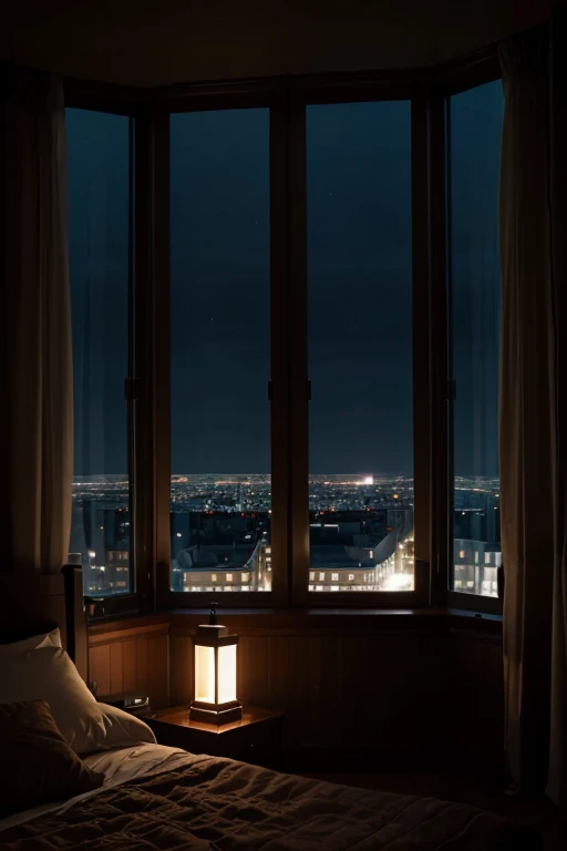 create a room with low light in a nighttime environment the windows are large with views outside