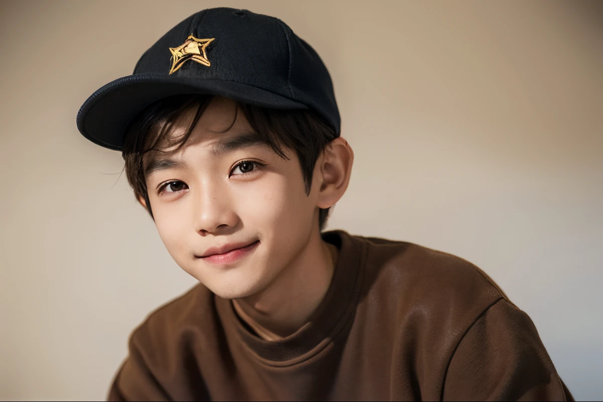an asian boy,ssmile,ar old,ring a distinctive sweatshirt,detritos,The upper part of the body,Brown hair,Differential crushing cap