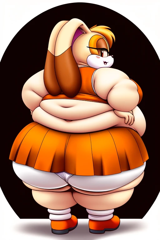 Cream the rabbit, ((morbidly obese)), (((very fat face))), ((double chin)), huge belly, wide hips, huge butt, crop top, orange skirt, back view, upskirt white panties
