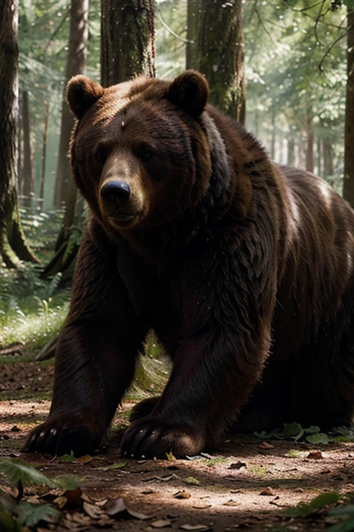 Using advanced artificial intelligence techniques, create a high-resolution image depicting a majestic bear in its natural habitat, uma densa floresta. Capture the cinematic essence of the scene, highlighting the subtle interaction between the light filtered by the trees and the surrounding shadows. Garanta que os detalhes, from the textures of the leaves on the ground to the bear's hair, are represented with as much realism as possible. A imagem deve transmitir uma atmosfera imersiva, evoking emotions and telling a visually engaging story. Prioritize maximum quality, emphasizing cinematic aesthetics to create a visually impactful composition.