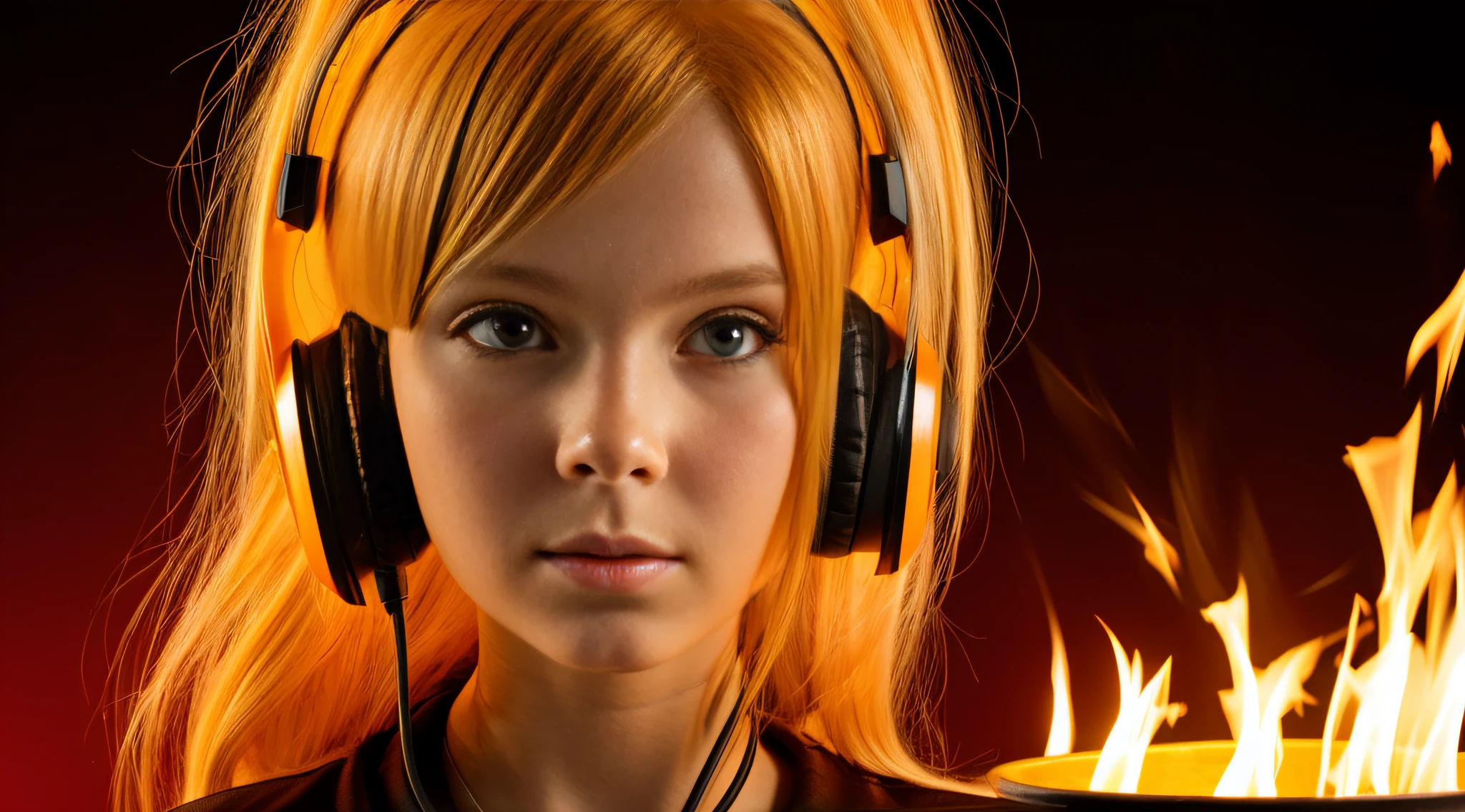 there is a 14 YEAR OLD GIRL in black top and headphones, LONG BLONDE HAIR, PORTRAIT STYLE, CLOSE UP, portrait photo, background art, wearing tumultuous flames, flames surround her, her body made of flames, on fire, on fire, goddess of hot fire, girl wearing headphones, burning in hell, flames around her body, Her hair is on fire, intense steaming, burning atmosphere, engulfed in swirling flames