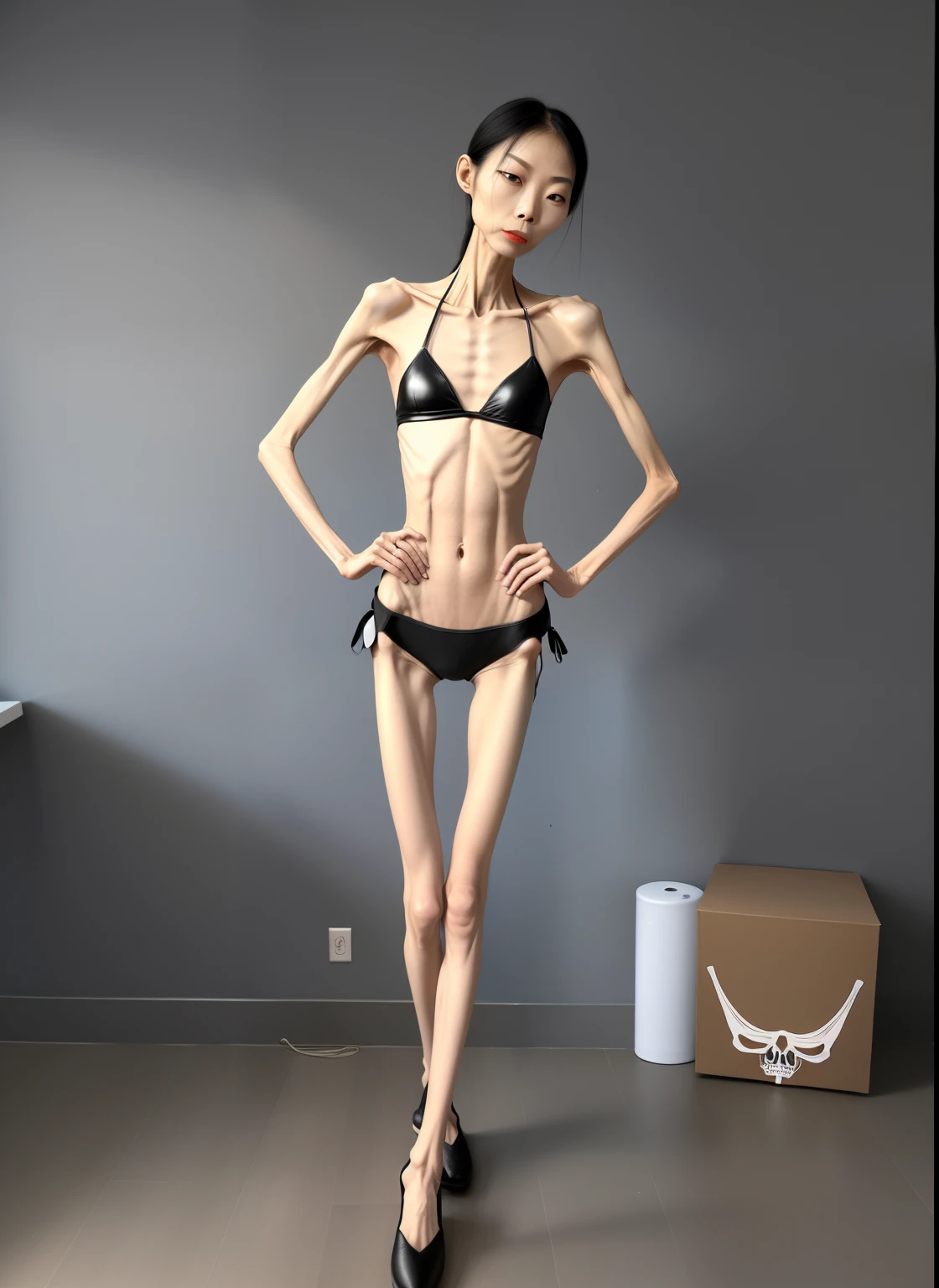 extremely thin woman,The body very thin,Rib chest,Protruding sternum,The sternum distinct,The waist very thin,The ribs are noticeable,Protruding ribs,The pelvic protrusion very obvious,Clear outline of pelvis,The crotch protrudes,thin shoulde,The waist very thin,Sunken abdomen,Abdominal muscle atrophy,Delicate arms,arm muscle atrophy,Slender thighs,Knees are obviously protruding,Ankle bulges,The ankle bones are obvious,The leg bones are obvious,leg muscle atrophy,anorexia,Wear tight leather pants,Wear slippers,Significant atrophy of dorsalis pedis muscles,Asia face,Haggard expression,Domestic violence,Excessive weight loss,sunken face,Apply lipstick,Severe malnutrition,The body so thin that only the skeleton left