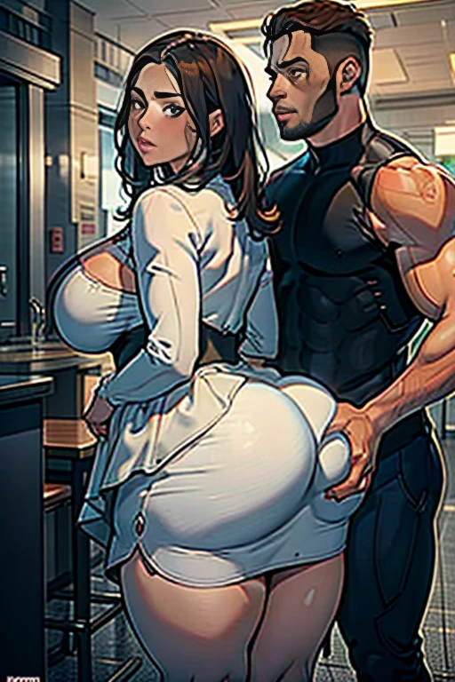 Best quality, two people, one man and one woman, man standing behind woman, woman voluptuous with big hips and muscular thighs and a giant ass, she wearing a sexy dress, man muscular, he's grabbing and groping her big juicy ass, POV from the side, view from side