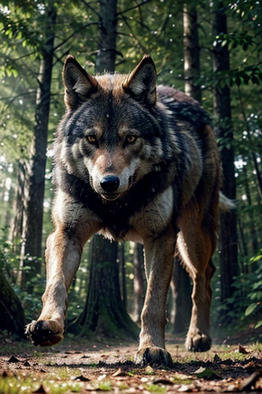 Produza uma obra-prima visual de um lobo em movimento, percorrendo elegantemente uma densa floresta ao entardecer, With the golden light of the sunset bathing the scene. Prioritize advanced details to realistically portray wolf fur, destacando cada textura e movimento. Emphasize the contrast between deep shadows and sun rays filtering through the trees, ensuring a cinematic and immersive atmosphere. Explore the use of warm tones to accentuate the beauty of twilight and create an image that not only captures the essence of the moment, but also conveys the majesty and savagery of the wolf in nature.