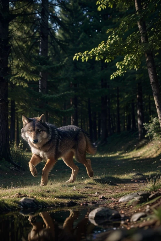 Employing cutting-edge artificial intelligence techniques, produce a maximum quality image that depicts a powerful wolf running through a dense forest. Capture the most advanced levels of detail, from the dynamic movements of the wolf to the intricate textures of the leaves and trees around it. Add a cinematic touch to the scene, focusing on the interaction between sunlight passing through the foliage, creating magical reflections in the trees and lighting the wolf&#39;s path. The image should evoke an epic and immersive atmosphere, telling a visually captivating story that highlights the majesty of the wolf in its natural habitat. Prioritize maximum quality to ensure a visually stunning result.