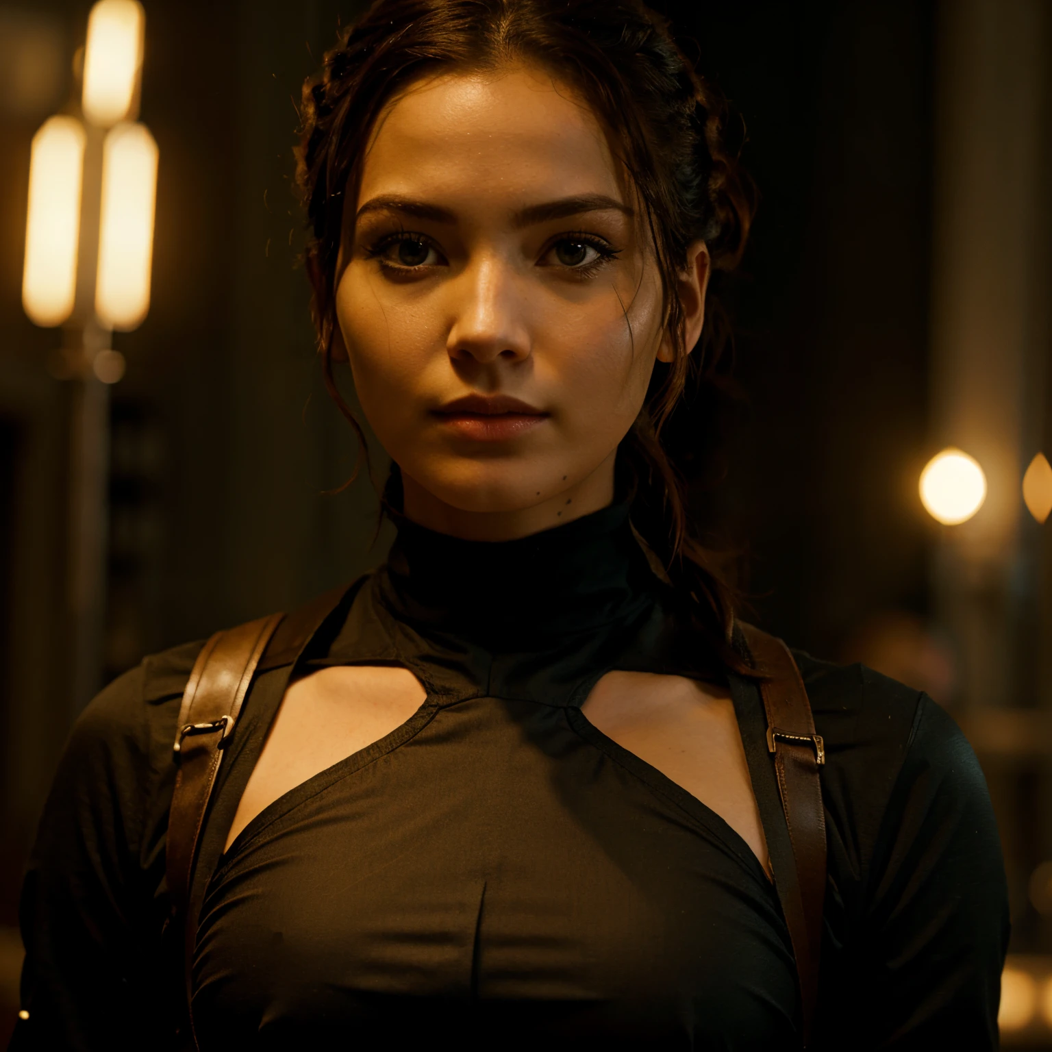 Katniss Everdeen, (bdsm, bondage, muzzled, drool dripping, drool dangling) cleavage, sexy bra, 8k, realistic, drool on chest, close up head and upper body, pleading eyes, drooling, wet, muzzle harness, breath control, breathplay