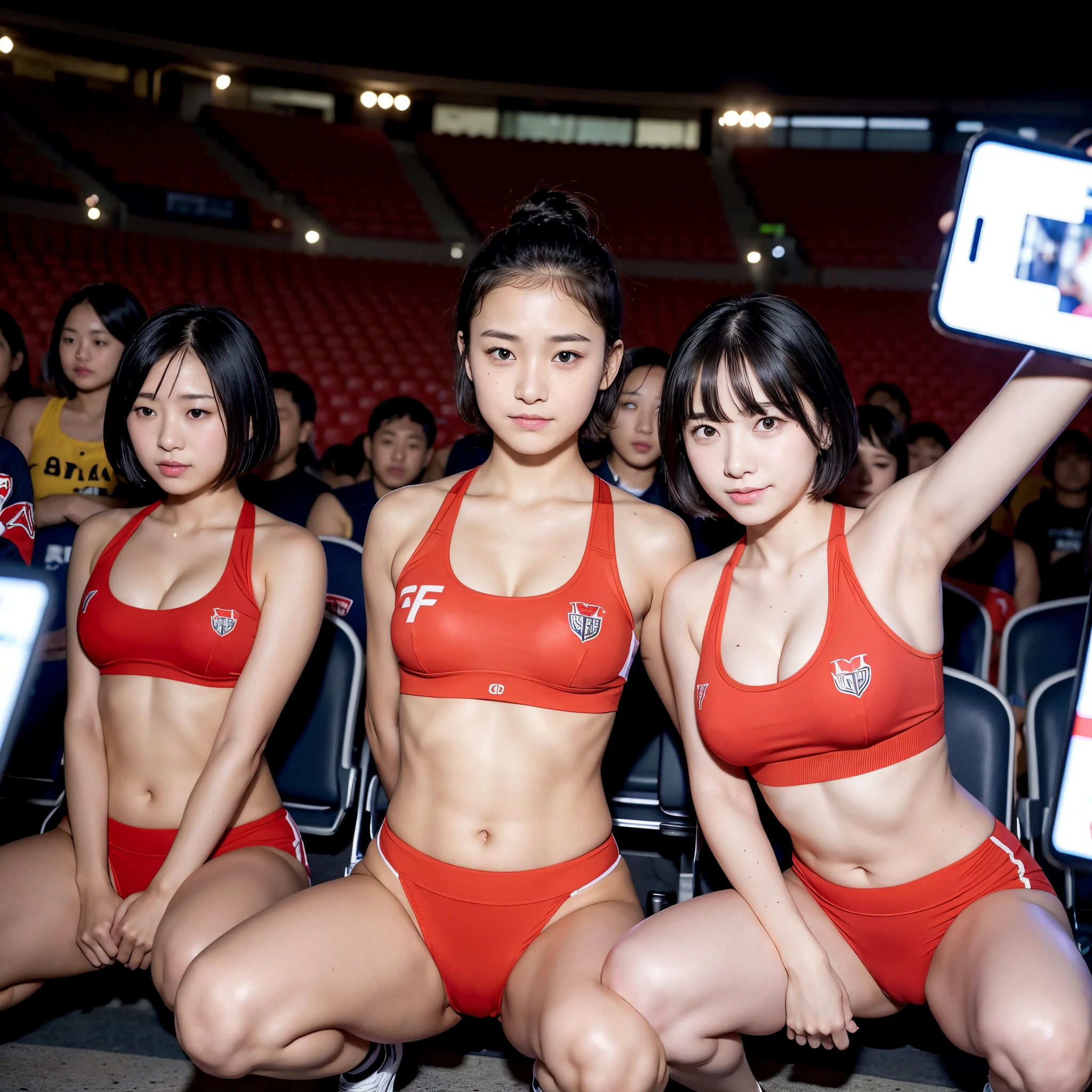 vulgar,Large number of 12-year-old student short hair girl,very young body, disproportionate breasts,group shot,cheerleader,cheering,v-neckline,covered nipples,underboob,(((cameltoe))),sweaty,short hair,going to pee my pants,mouth open,ahegao,sex friend ,( remote vibrating,remote play),evening,Real light,squatting,Stadium seating,crowd