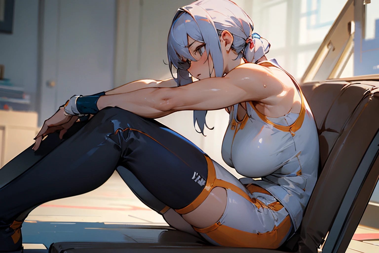 ((best quality)), ((masterpiece)), (detailed), muscle sexy girl stretching, stressed, dynamic, tension, sitting
