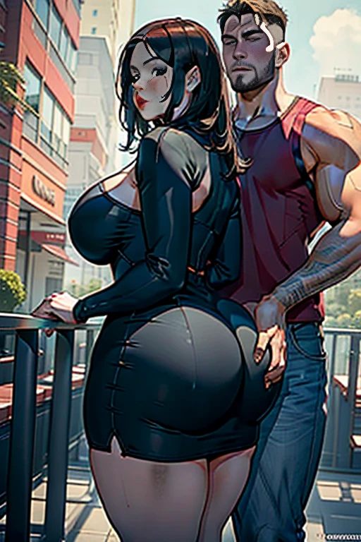 Best quality, two people, one man and one woman, man  standing behind woman, woman  voluptuous with big  and muscular thighs and a giant , she  wearing a  dress, man  muscular, he's grabbing and groping her big juicy , POV from the side, view from side