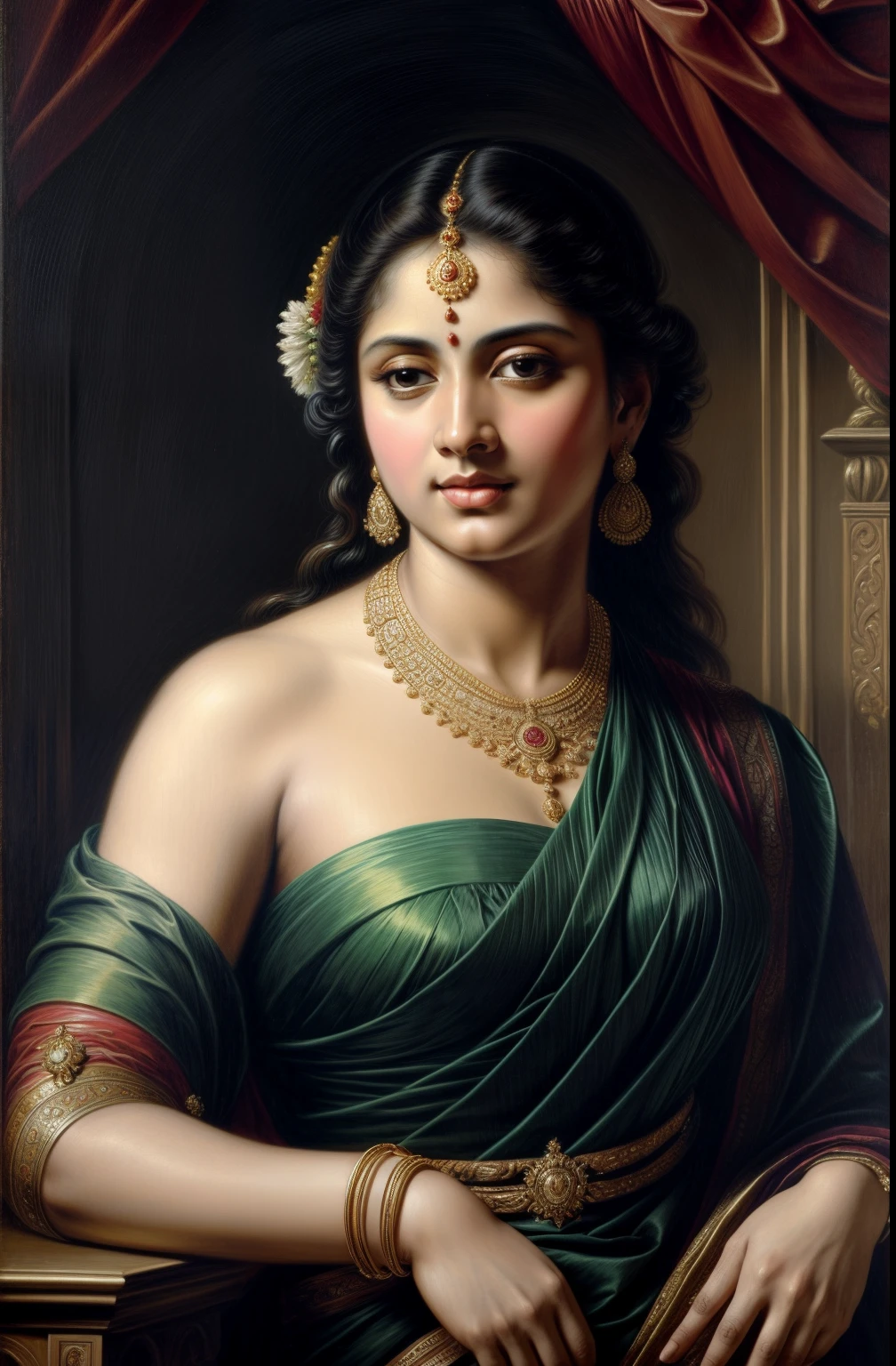 Beautiful Indian Woman, wearing saree, sari Beauty, gorgeous, Apsara, Maharani, royal queen woman, nymph from Hindu Mythology, Urvashi, matchless beauty, Highly detailed, Oil Painting by Peter Paul Rubens inspired by Raja Ravi Varma, Matchless beauty, captivating, gorgeous, heavenly beauty, celestial beauty, by Peter Paul Rubens, 1893, realistic, hyper realistic, micro details, incredible artwork, insane details, ultra High resolution, 8k, 32k, acrylic on canvas, intricate, flawless, detailed, detailed face, detailed eyes, masterpiece, by Peter Paul Rubens, by Caravaggio, by William Adolphe bouguereau, perfect face, perfect body, beautiful art, realism, baroque, renaissance Art, highly textured, beautiful and detailed eyes, uhd, best quality,