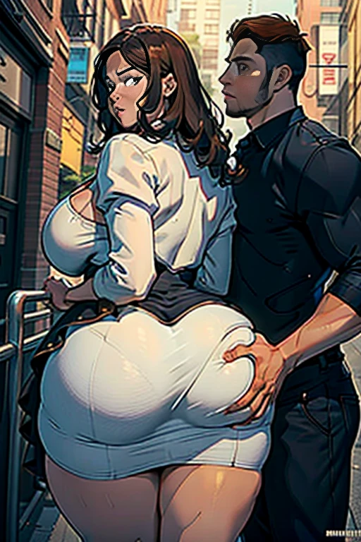Best quality, two people, one man and one woman, man standing behind woman, woman voluptuous with big hips and muscular thighs and a giant ass, she wearing a sexy dress, man muscular, he's grabbing and groping her big juicy ass, POV from the side, view from side