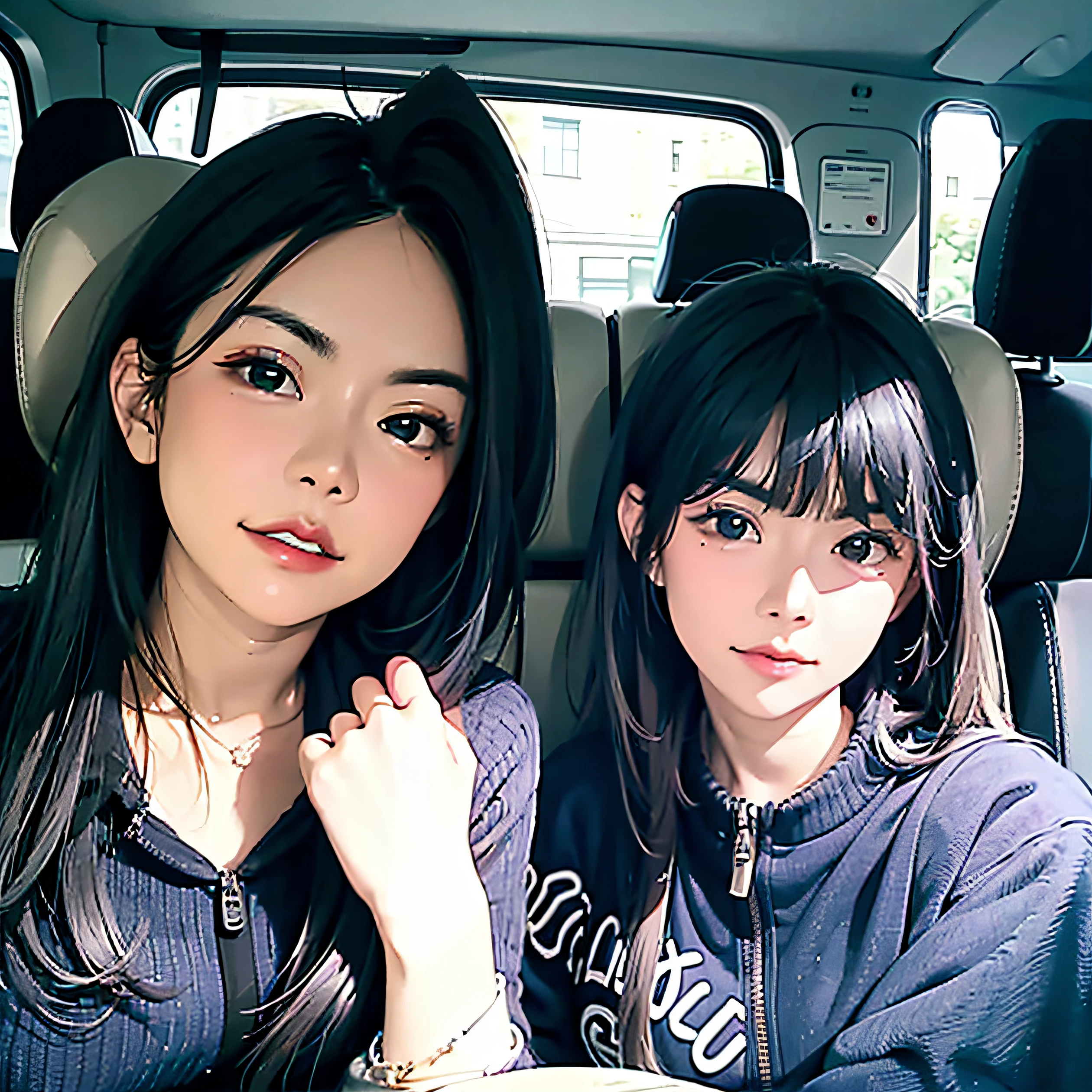 there  a woman and a  sitting in the back of a car, with a kid, h her long, sitting in her car, with ivy, 3 2 years old, 38 years old, cindy avelino, 2 9 years old, joy ang, 2 8 years old, 2 7 years old, 3 6 years old, 3 5 years old
