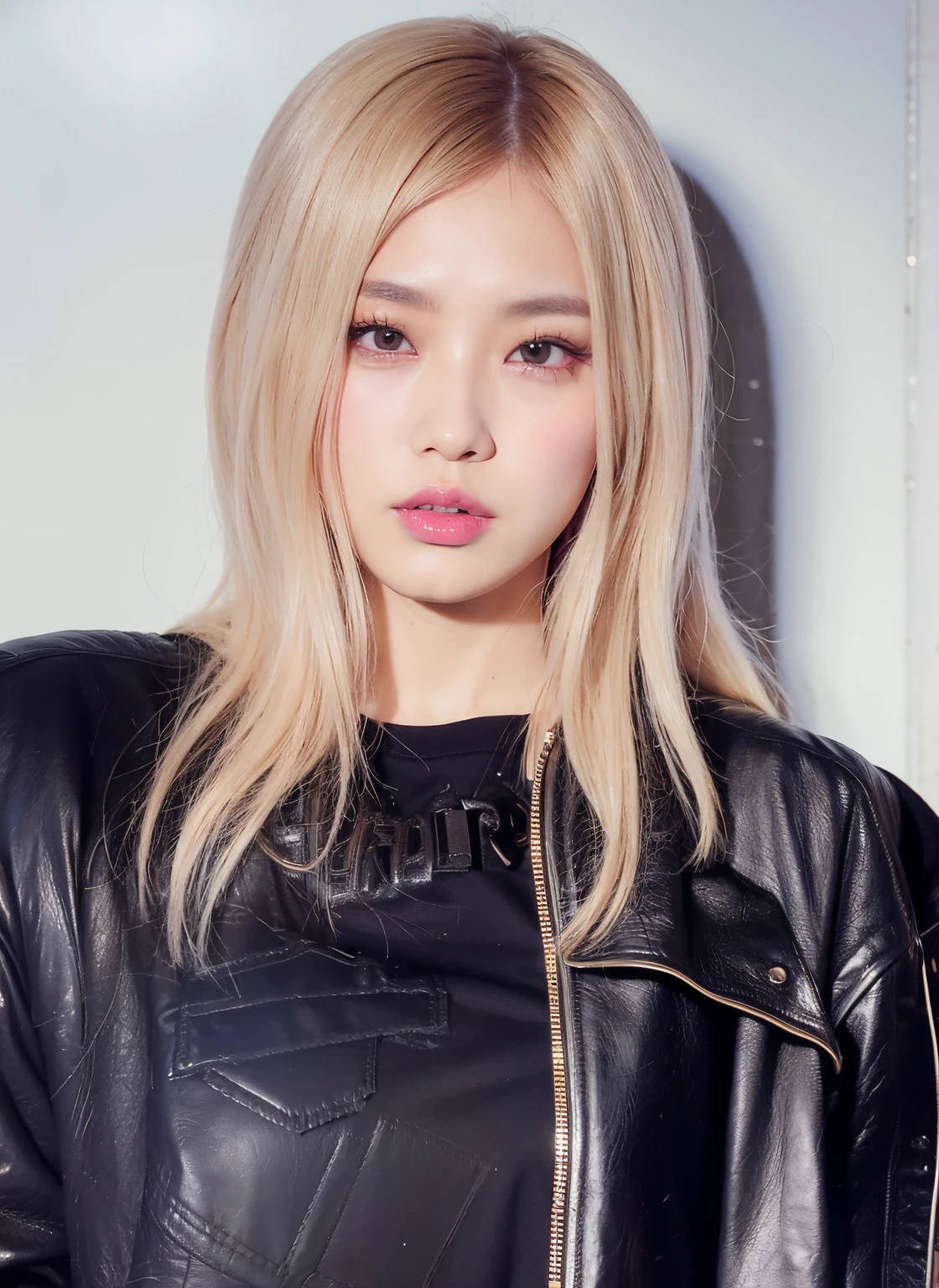 blond woman with long hair wearing a black leather jacket, roseanne park of blackpink, portrait of jossi of blackpink, jossi of blackpink, portrait of female korean idol, junko enoshima, lalisa manoban of blackpink, sun yunjoo, heonhwa choe, chiho ashima, portrait of kpop idol, shikamimi