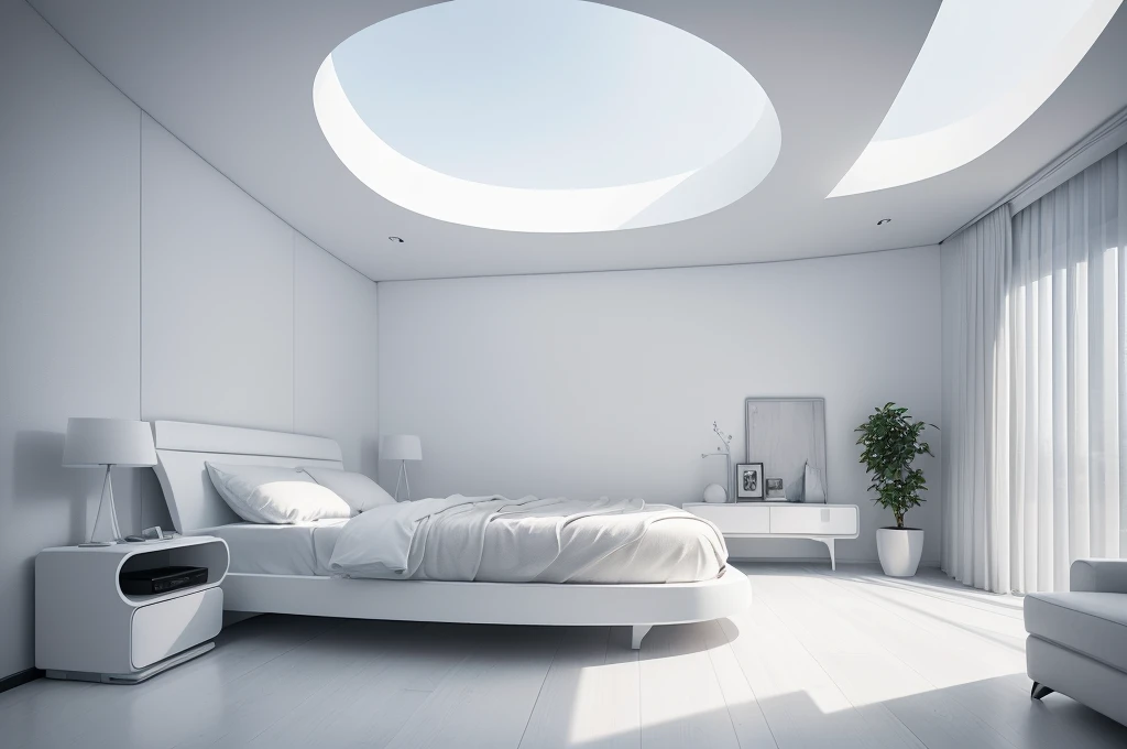 (Best quality at best,4K,8K,A high resolution,tmasterpiece:1.2),ultra - detailed,(actual,realisticlying,Photorealistic:1.37),((Minimalist style)),A futuristic,in-house,curve furniture bedroom,((All white)),spacioight and airy,Integrated curved streamline design))