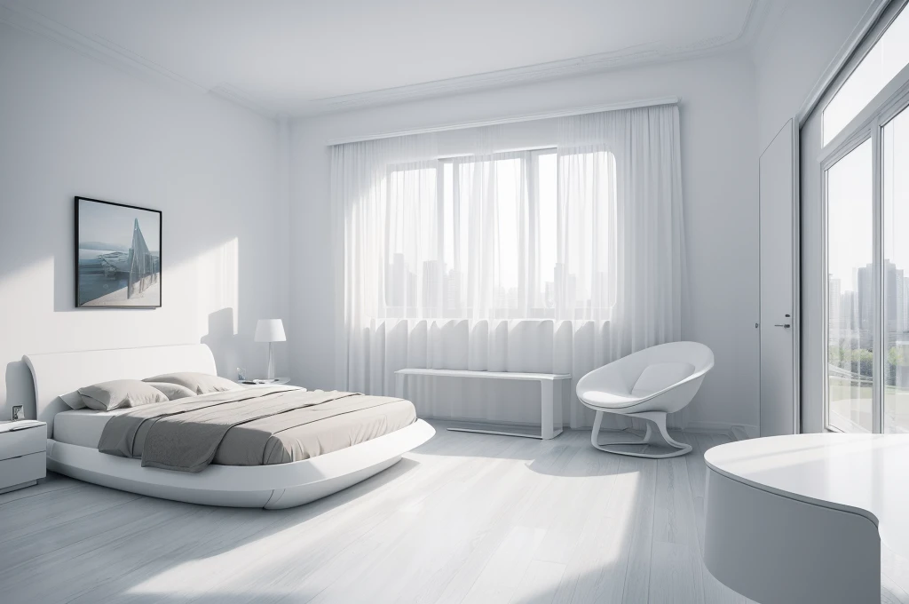(Best quality at best,4K,8K,A high resolution,tmasterpiece:1.2),ultra - detailed,(actual,realisticlying,Photorealistic:1.37),((Minimalist style)),A futuristic,in-house,curve furniture bedroom,((All white)),spacioight and airy,Integrated curved streamline design))