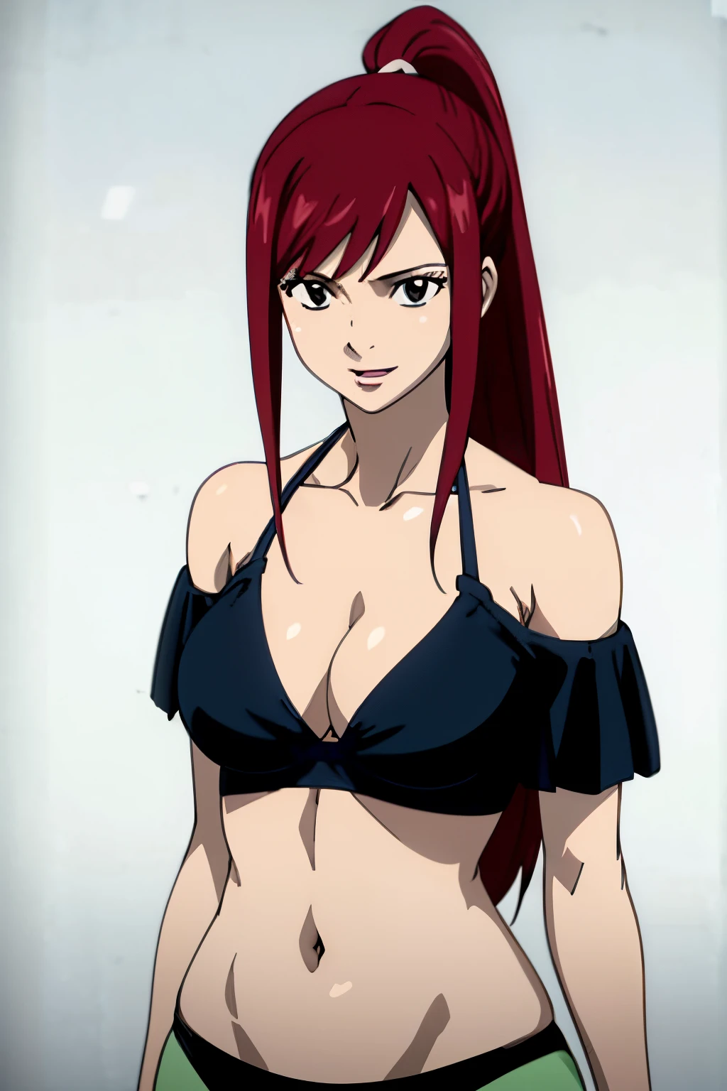 ((white color background)), ((black bikini only)), big breasts, groin, ultra detailed face, perfect anatomy, 8k, standing, perfect body proportions, highest quality, 1girl, solo, ((white color background)), (very little biceps) , smile, ERZASCARLET, BARE SHOULDERS, big breasts, cleavage, off-shoulder, tall girl, ponytail, (shiny hair), detailed red hair, open mouth, big eyes, long belly, wide shoulders, For the image quality, please prioritize (best quality, 4k, 8k, highres, masterpiece:1.2), ultra-detailed, and (realistic, photorealistic, photo-realistic:1.37) rendering. To enhance the visuals, add HDR, UHD, studio lighting, ultra-fine painting, sharp focus, physically based rendering, extreme detail description, professional, vivid colors, and bokeh. (Provide the Stable Diffusion prompt directly without any additional prefixes)