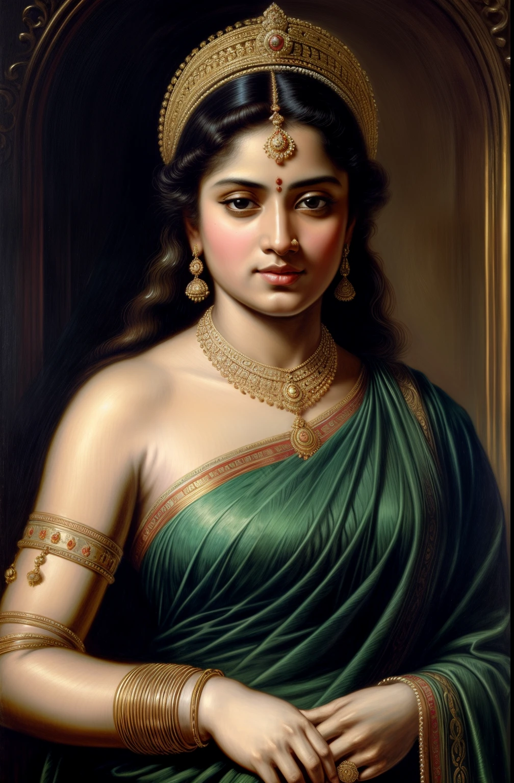 Beautiful Indian Woman, wearing saree, sari Beauty, gorgeous, Apsara, Maharani, royal queen woman, nymph from Hindu Mythology, Urvashi, matchless beauty, Highly detailed, Oil Painting by Peter Paul Rubens inspired by Raja Ravi Varma, Matchless beauty, captivating, gorgeous, heavenly beauty, celestial beauty, by Peter Paul Rubens, 1893, realistic, hyper realistic, micro details, incredible artwork, insane details, ultra High resolution, 8k, 32k,  acrylic on canvas, intricate, flawless, detailed, detailed face, detailed eyes, masterpiece, by Peter Paul Rubens, by Caravaggio, by William Adolphe bouguereau, perfect face, perfect body, beautiful art, realism, baroque, renaissance Art, highly textured, beautiful and detailed eyes, uhd, best quality,