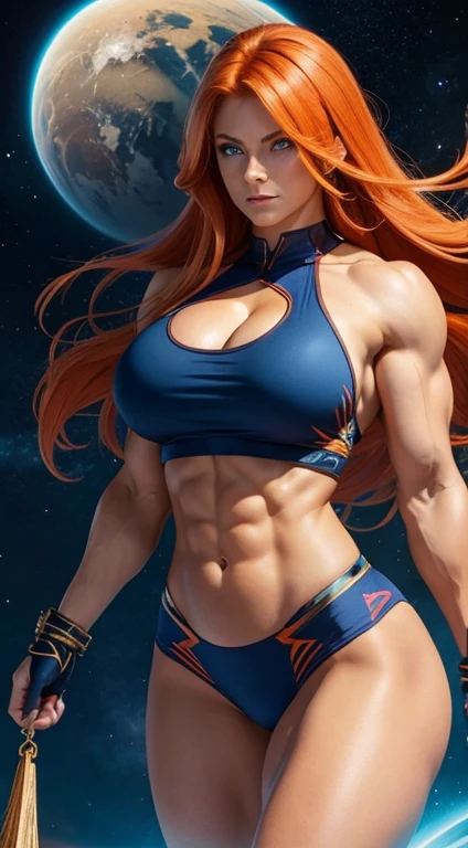 Super strong busty muscular goddess, huge strong biceps, tonned strong abs, huge breasts, orange hair, blue eyes, divine clothing, cosmic background, epic