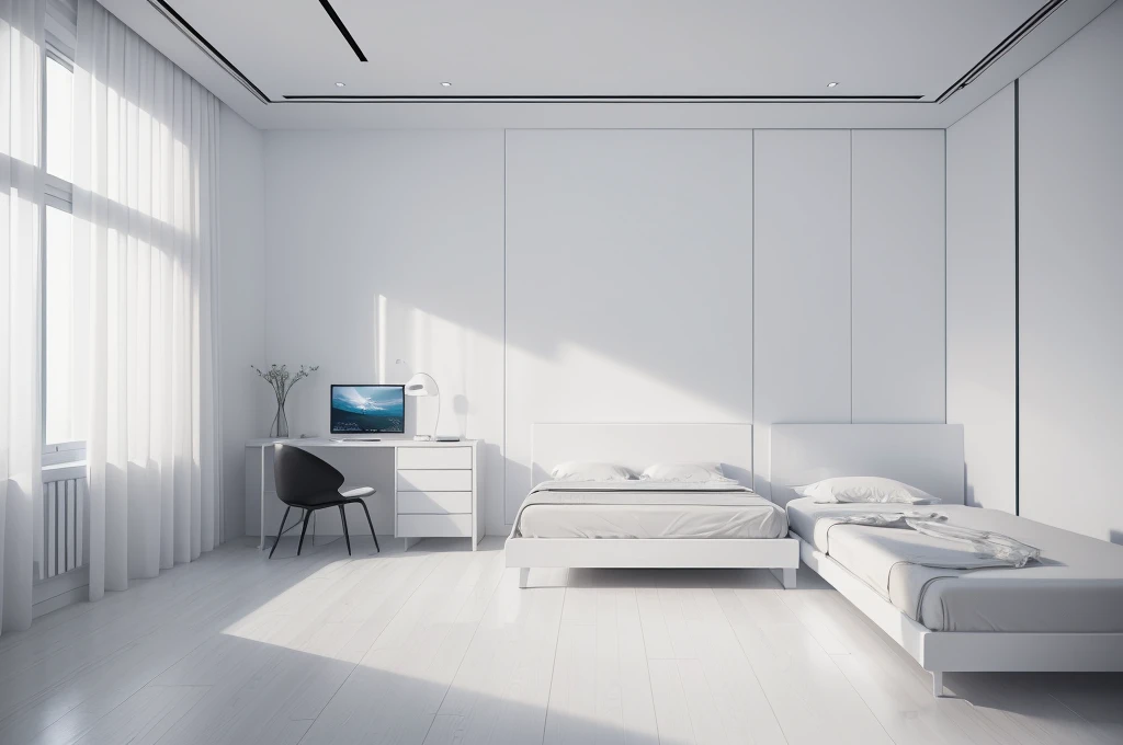(Best quality at best,4K,8K,A high resolution,tmasterpiece:1.2),ultra - detailed,(actual,realisticlying,Photorealistic:1.37),((Minimalist style)),A futuristic,in-house,Bedrooms,((All white)),spacioight and airy,Integrated streamline design))