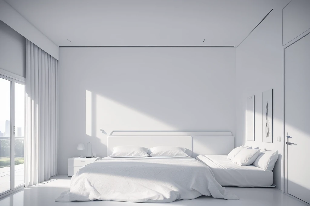 (Best quality at best,4K,8K,A high resolution,tmasterpiece:1.2),ultra - detailed,(actual,realisticlying,Photorealistic:1.37),((Minimalist style)),A futuristic,in-house,curve furniture bedroom,((All white)),spacioight and airy,Integrated curved streamline design))
