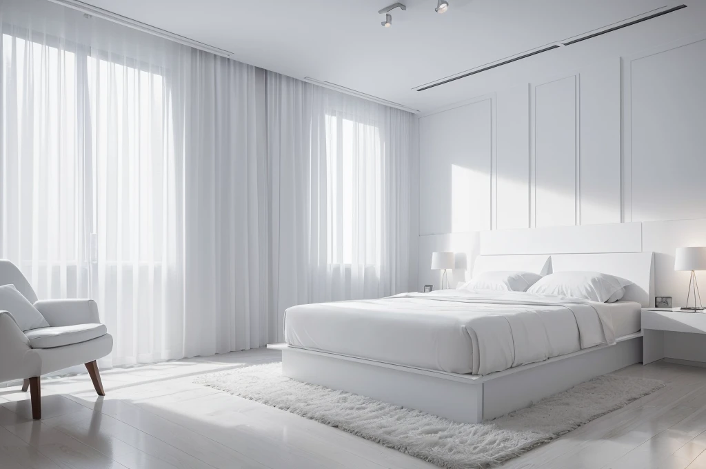 (Best quality at best,4K,8K,A high resolution,tmasterpiece:1.2),ultra - detailed,(actual,realisticlying,Photorealistic:1.37),((Minimalist style)),A futuristic,in-house,curve furniture bedroom,((All white)),spacioight and airy,Integrated curved streamline design))