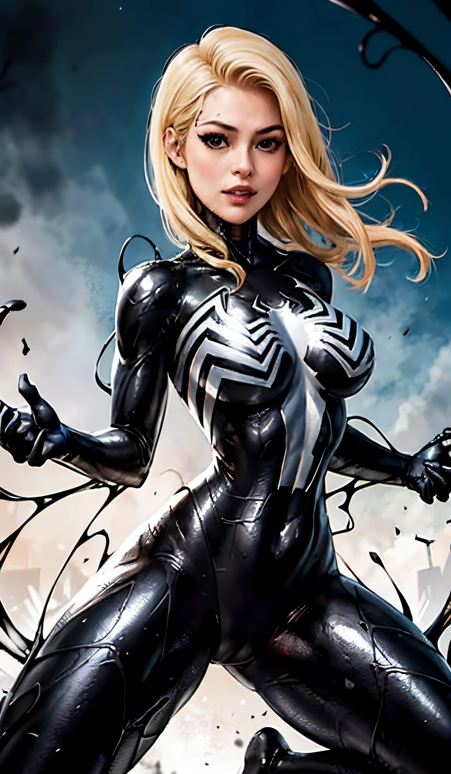 4K，realisticlying，Glamorous，The  very detailed，There  a girl in Dingcheng，Blonde hair，Wearing a black Spider-Man costume，（Black and white：1.4） the night,symbiote，venomize，a large amount of mucus,she  a spiderman，Black superhero theme，In front of the sky，Flushed complexion，( Open legs， camel-toe，， Vulvar shape：1.3）,(GGCameltoe:1.3)Legs apart，25 age old，full bodyesbian